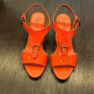 ANYI LU Lola Wedge Sandals Ankle Strap in Orange Patent Leather